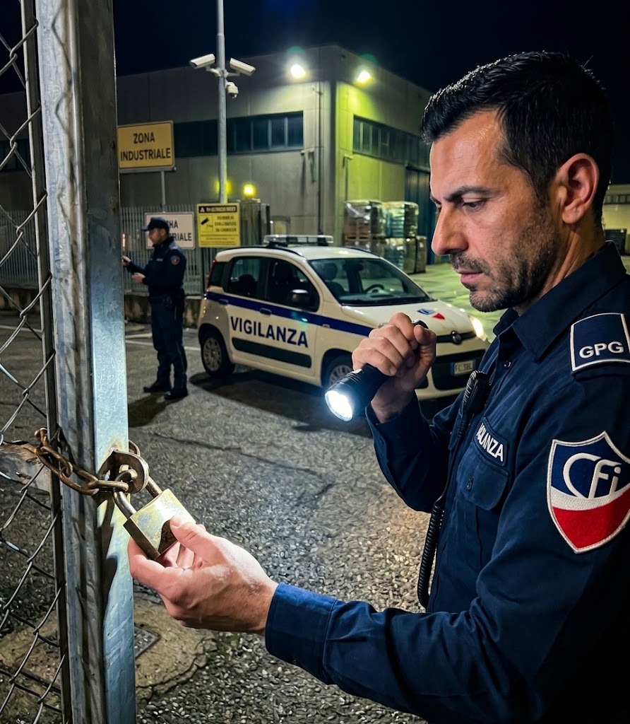 Guardia Giurata durante un'ispezione notturna