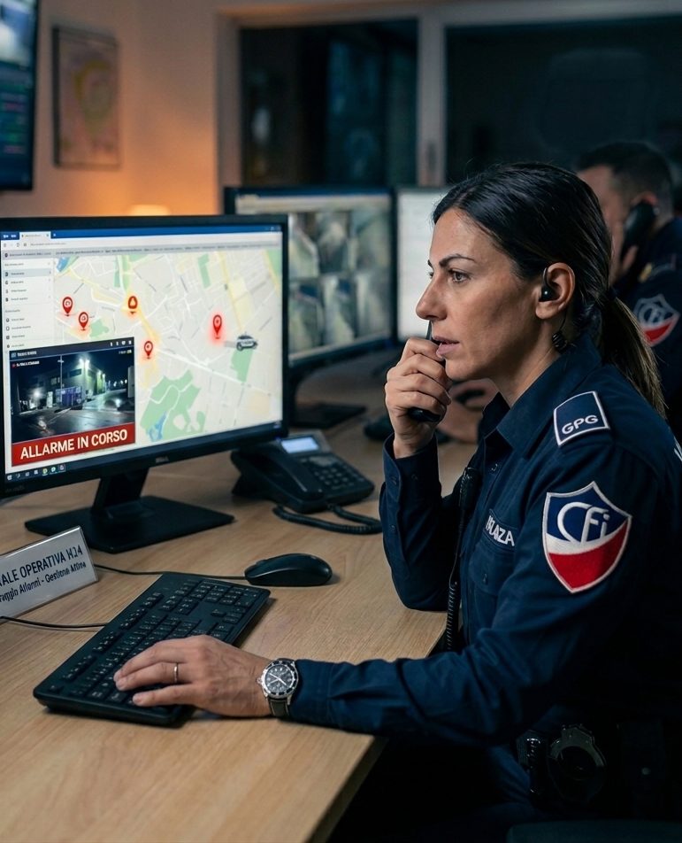 Centrale Operativa H24 gestisce un allarme in corso su mappa e videocamere
