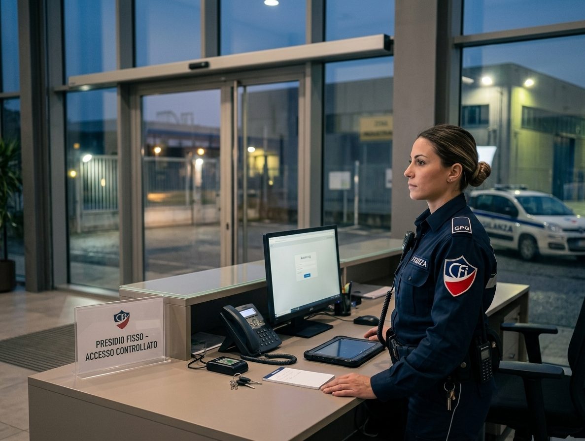 Guardia Giurata in servizio di presidio fisso alla reception di un'azienda, accesso controllato